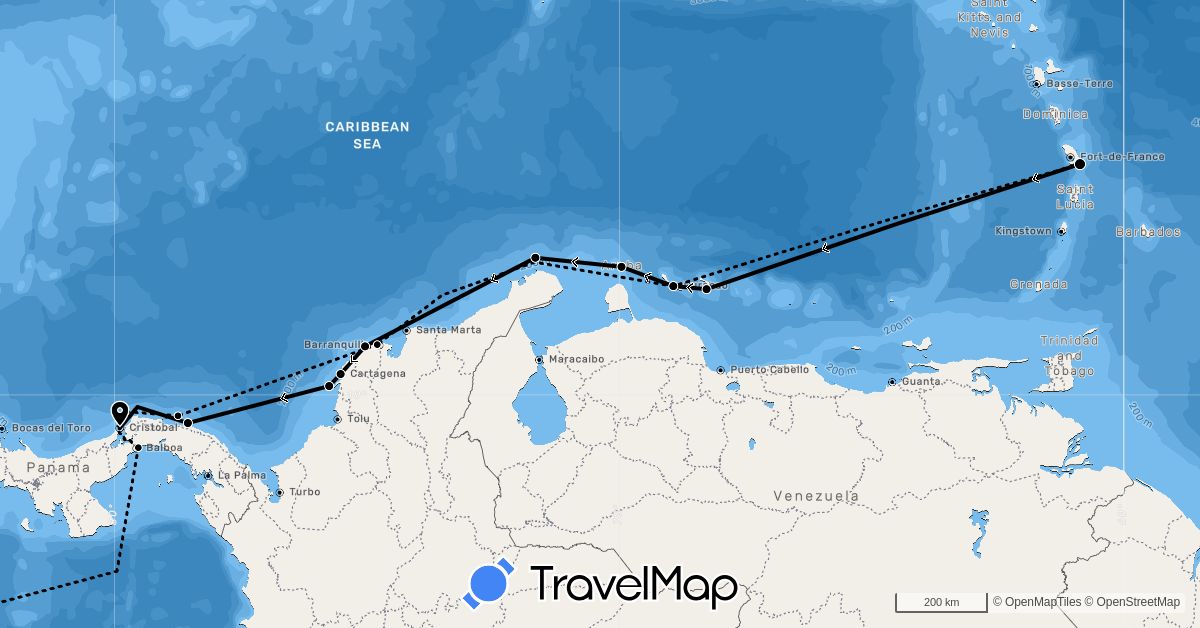 TravelMap itinerary: gigha (catamaran) in Colombia, Martinique, Netherlands, Panama, French Polynesia (Europe, North America, Oceania, South America)